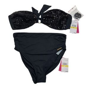 Vince Camuto Sequin Bandeau Bra Bikini Top & High Waist Bottoms Black M New